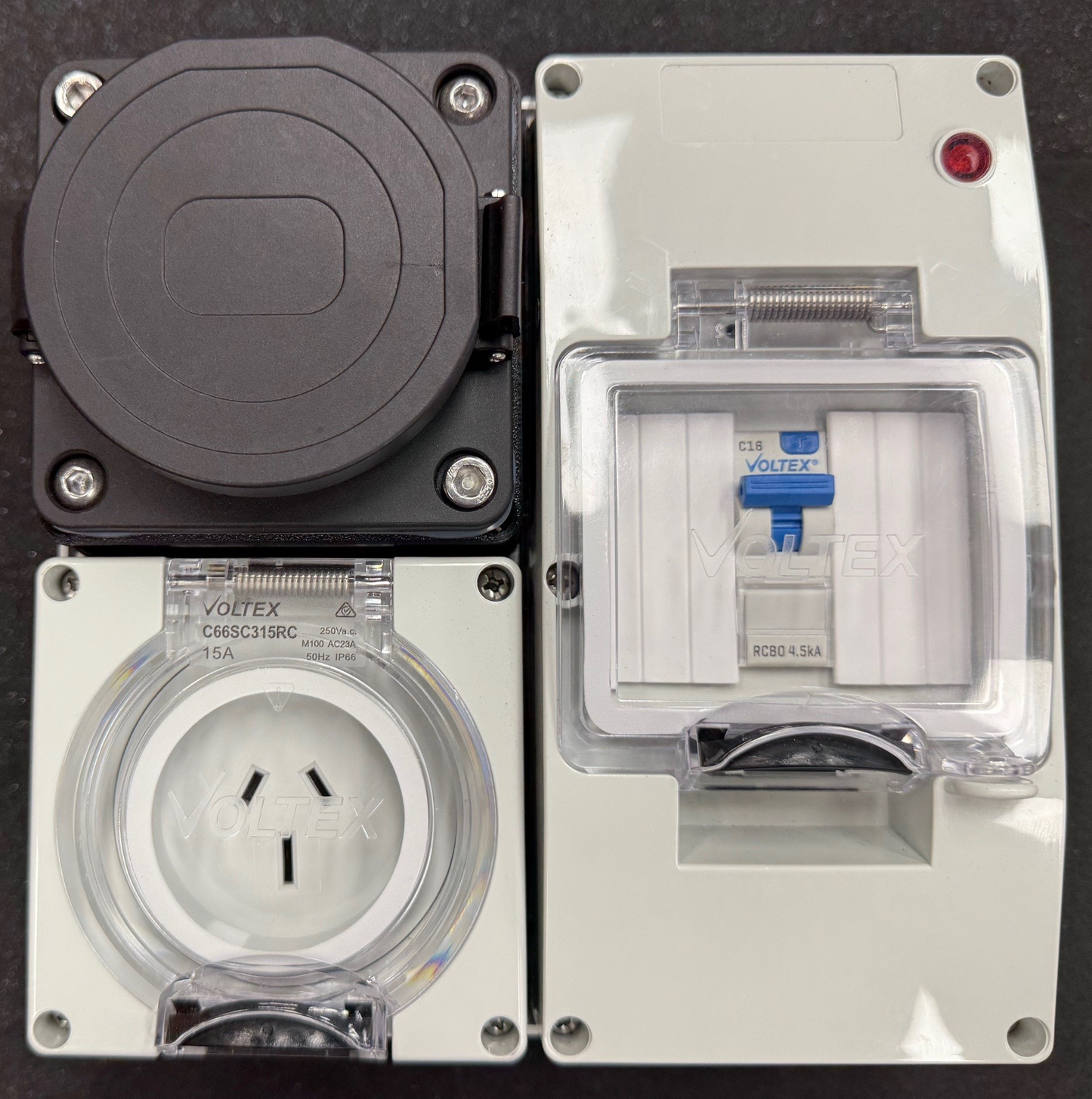 Dave Professional Socket - C2L - Charger to Load - Type 2 EV Charger Male socket to AUS/NZ standard 15 Amp outlet with Safety Switch, circuit breaker, and red LED indicator light