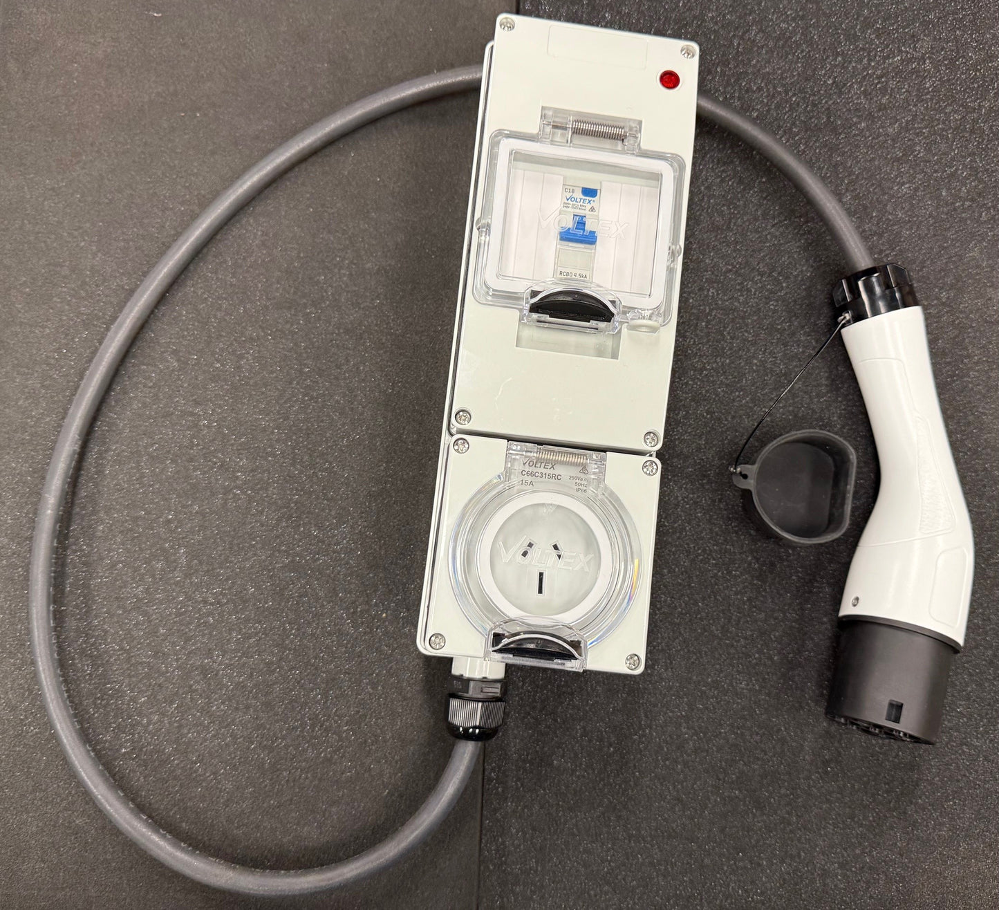 Dave Professional Cabled - C2L - Charger to Load - Type 2 EV Charger Male Plug to AUS/NZ standard 15 Amp outlet with Safety Switch, circuit breaker, and red LED indicator light